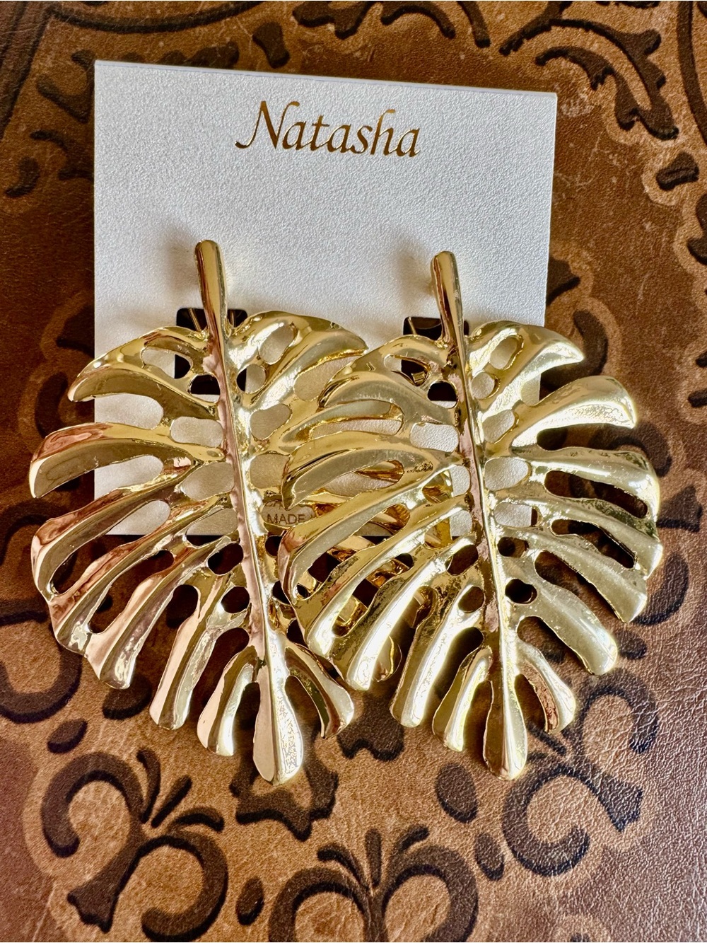 Natasha Couture Gold Monstera Leaf Statement Earrings